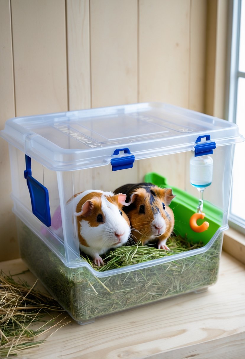 A clear plastic storage bin converted into a guinea pig cage with two guinea pigs inside, bedding, hay, and toys.