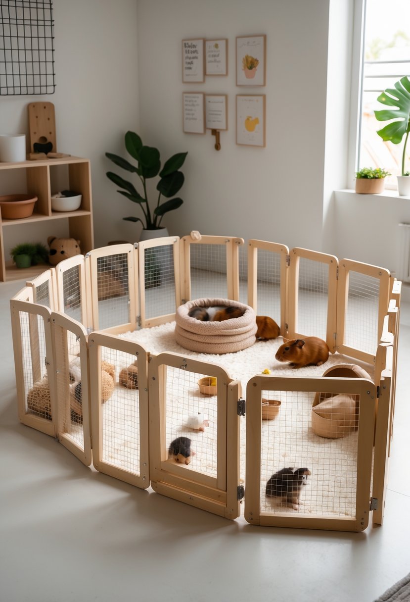 A foldable playpen with connected panels creating a spacious enclosure containing guinea pig bedding, hideouts, food bowls, and toys.