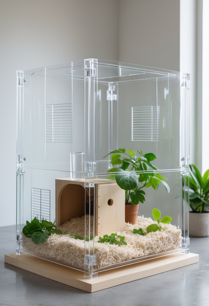 A clear acrylic guinea pig cage with ventilation holes, containing bedding, a wooden hideout, fresh greens, and a water bottle.