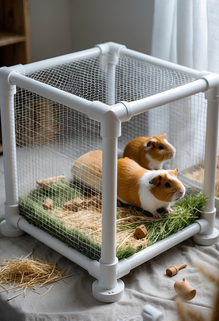 A DIY guinea pig cage made from white PVC pipes and mesh, containing guinea pigs with bedding and toys inside.