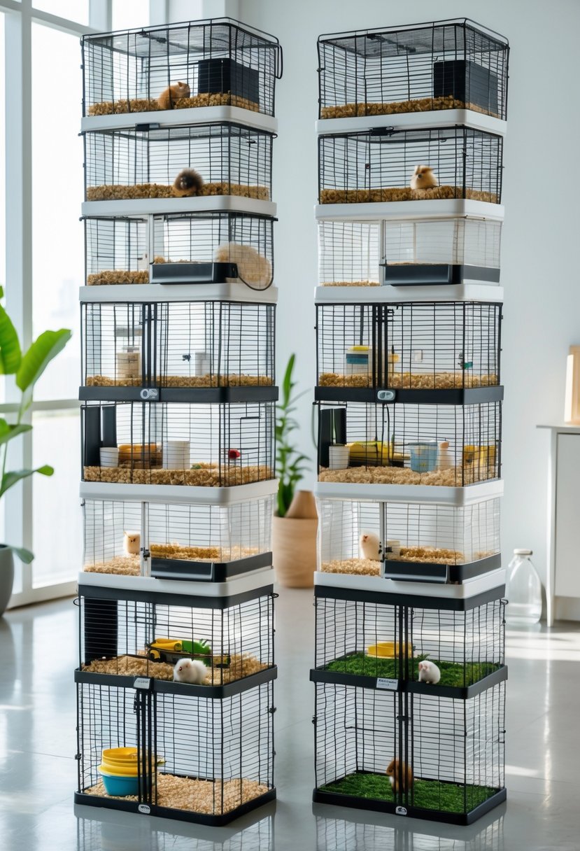 A collection of twelve stackable guinea pig cages arranged to show expandable living spaces with bedding, food, and toys inside.