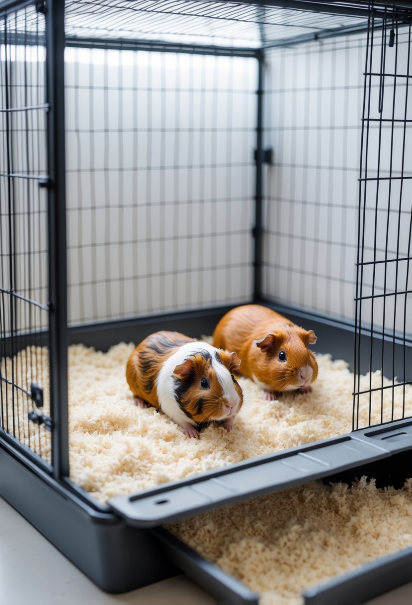 A clean guinea pig cage with a removable base tray and two guinea pigs inside on soft bedding.