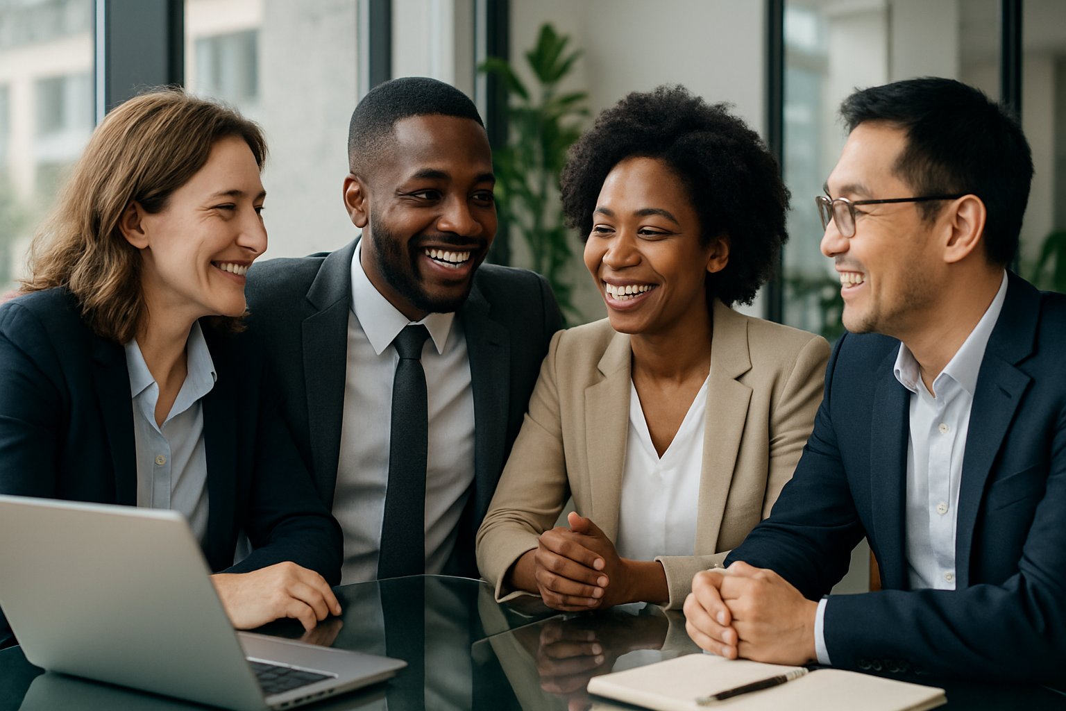 Four diverse business professionals sitting around a table in an office, engaged in a warm and attentive conversation.