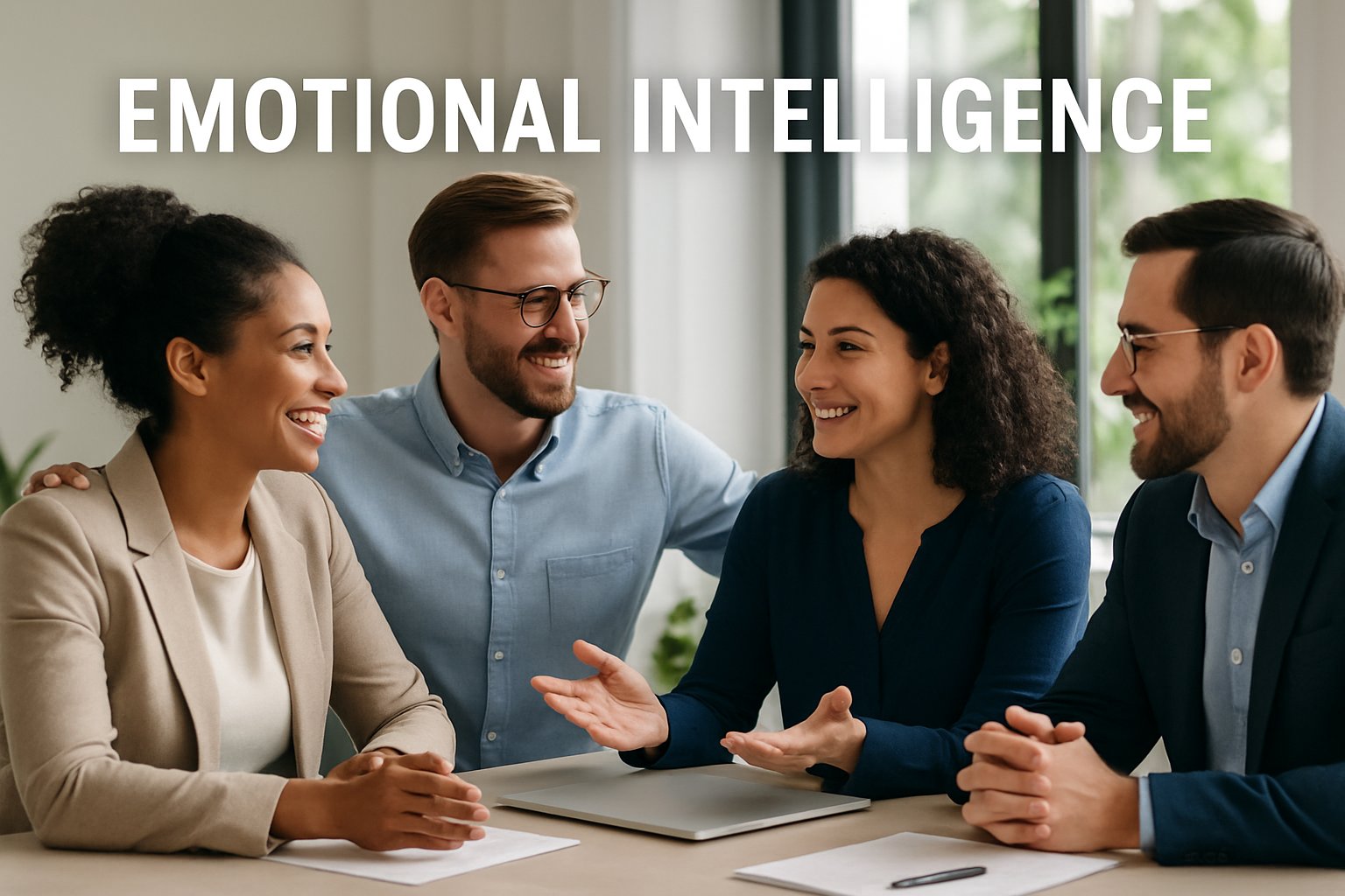 Four business professionals engaged in a supportive and empathetic discussion around a table in a bright office.