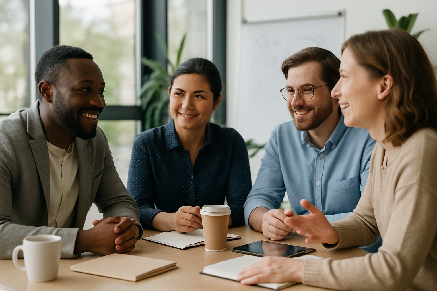 Four diverse adults sitting around a table in an office, engaged in a positive and attentive group discussion.