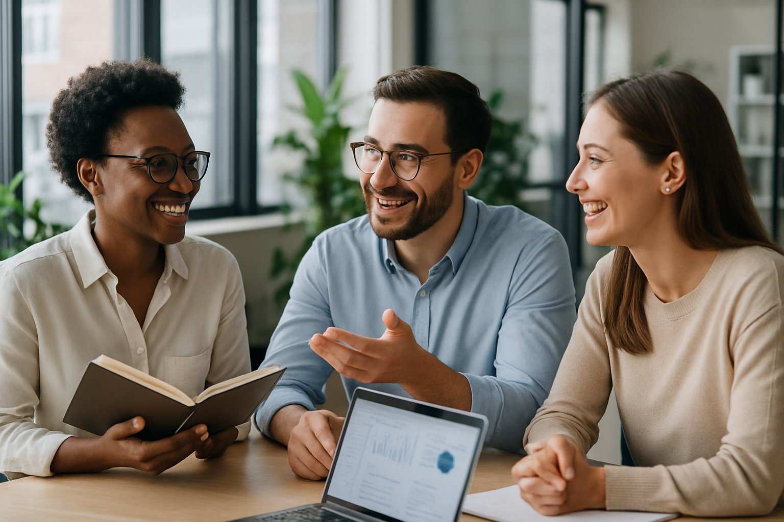 Three colleagues engaged in a friendly and collaborative discussion in a bright office.