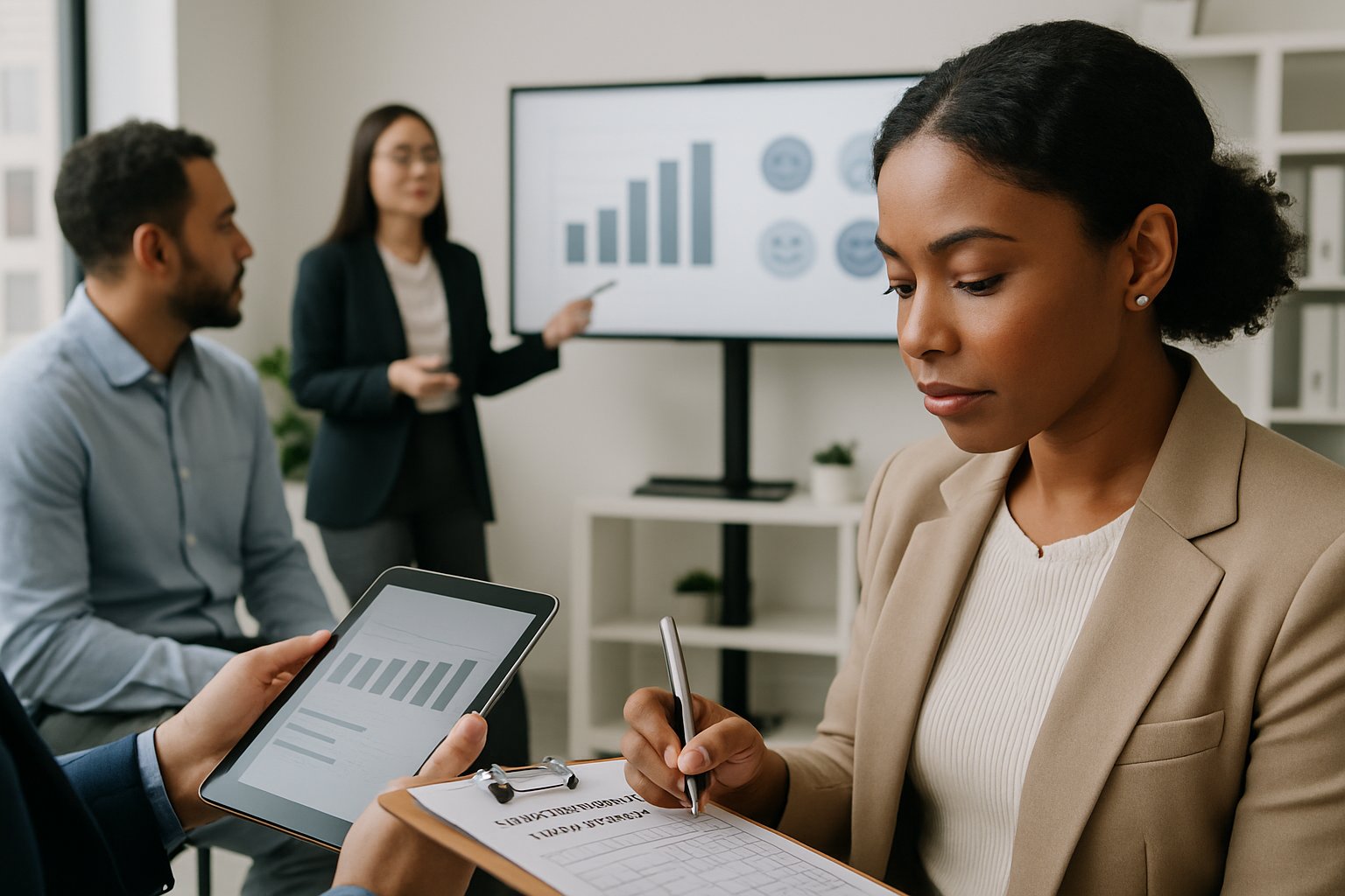 A group of business professionals participating in an emotional intelligence assessment in a modern office.