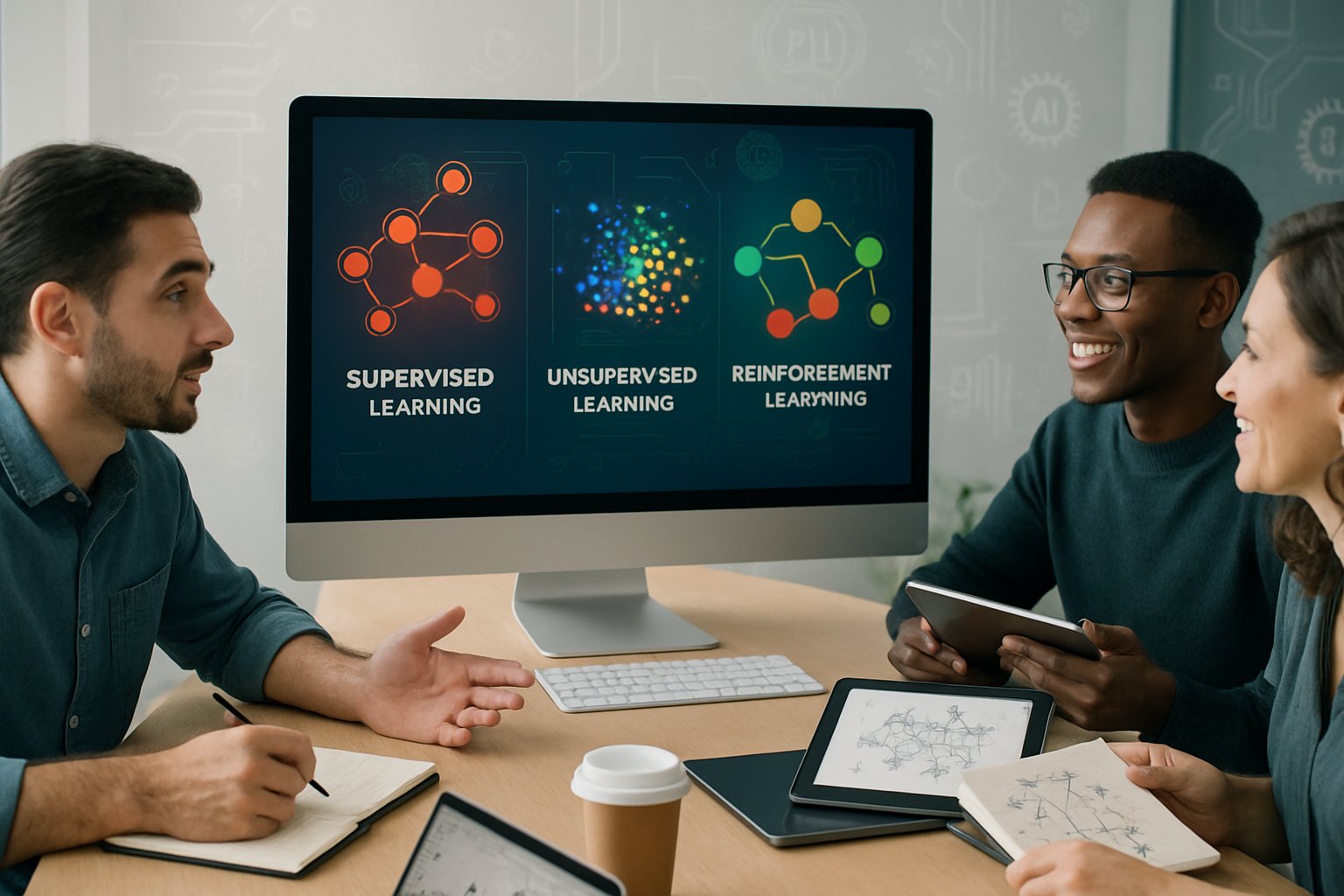 A group of professionals collaborating around a computer displaying colorful data visualizations and diagrams related to machine learning.
