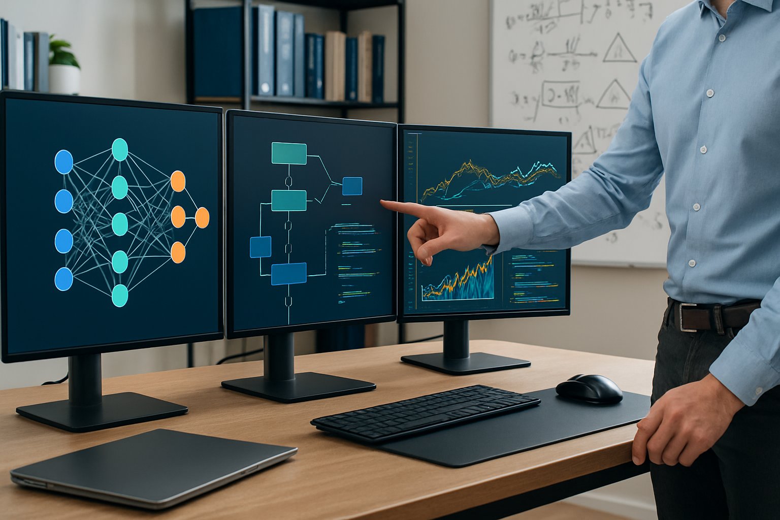 A person working at a desk with multiple monitors showing machine learning data visualizations and diagrams in a modern office.