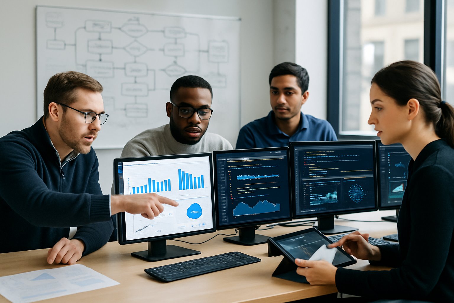 A group of professionals working together around computers displaying machine learning data and charts in a modern office.