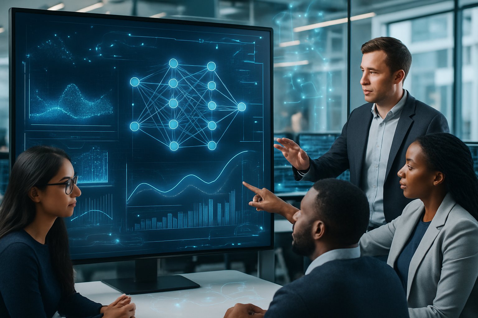 A group of professionals collaborating around a digital touchscreen displaying data visualizations and AI diagrams in a modern office.