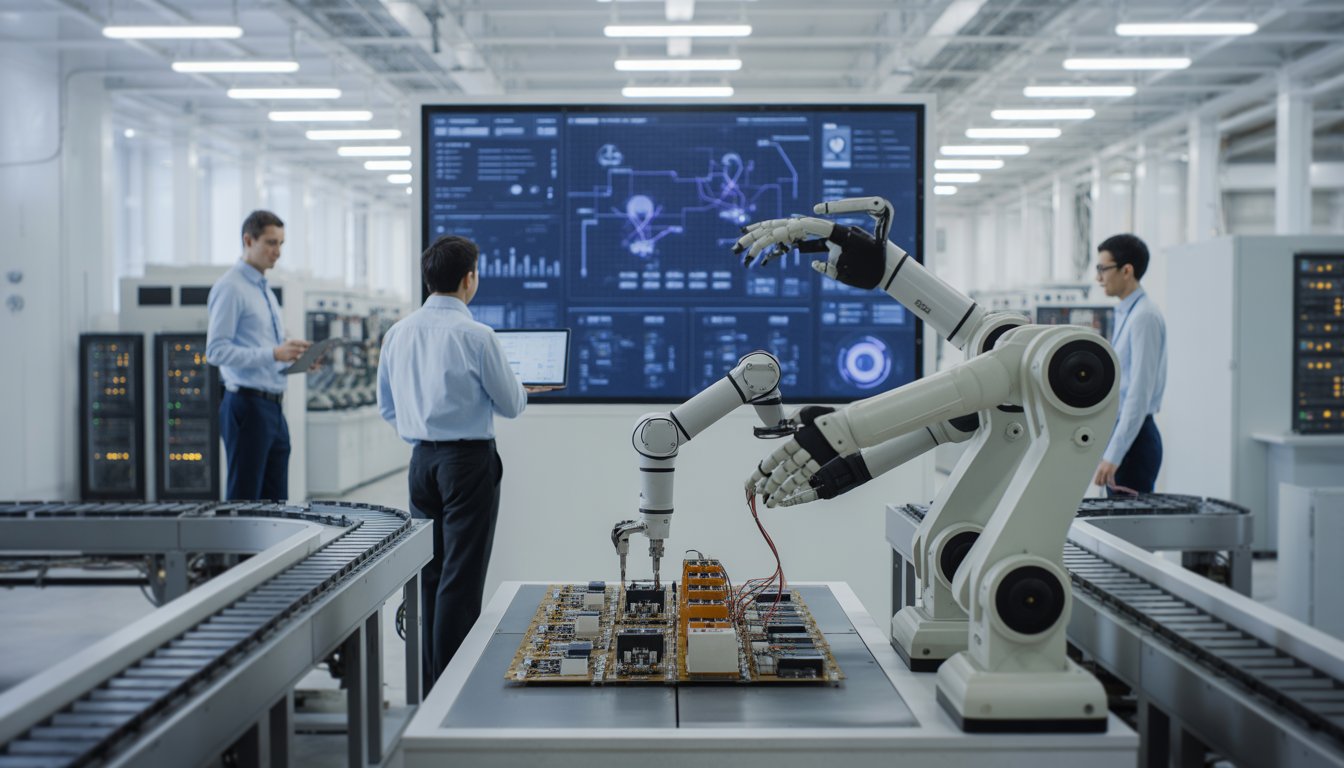 Engineers working with a robotic arm and digital displays in a modern automated industrial setting.