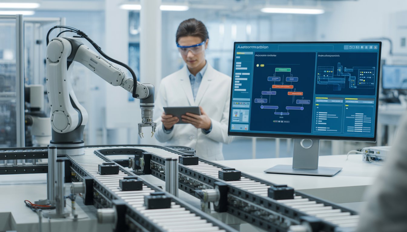 A factory scene with a robotic arm assembling products, a conveyor belt, a technician monitoring automation software on a tablet, and a computer screen showing data analytics.