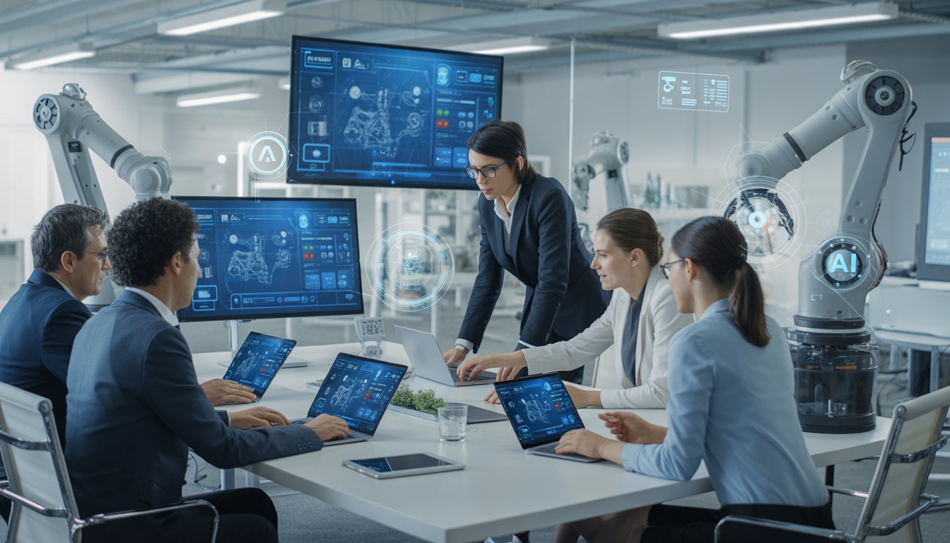 A group of professionals working together with digital devices and robotic equipment in a modern office focused on automation technologies.