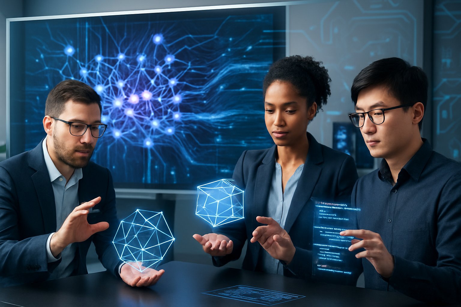 A group of professionals working with holographic AI models and digital data streams in a modern high-tech workspace.