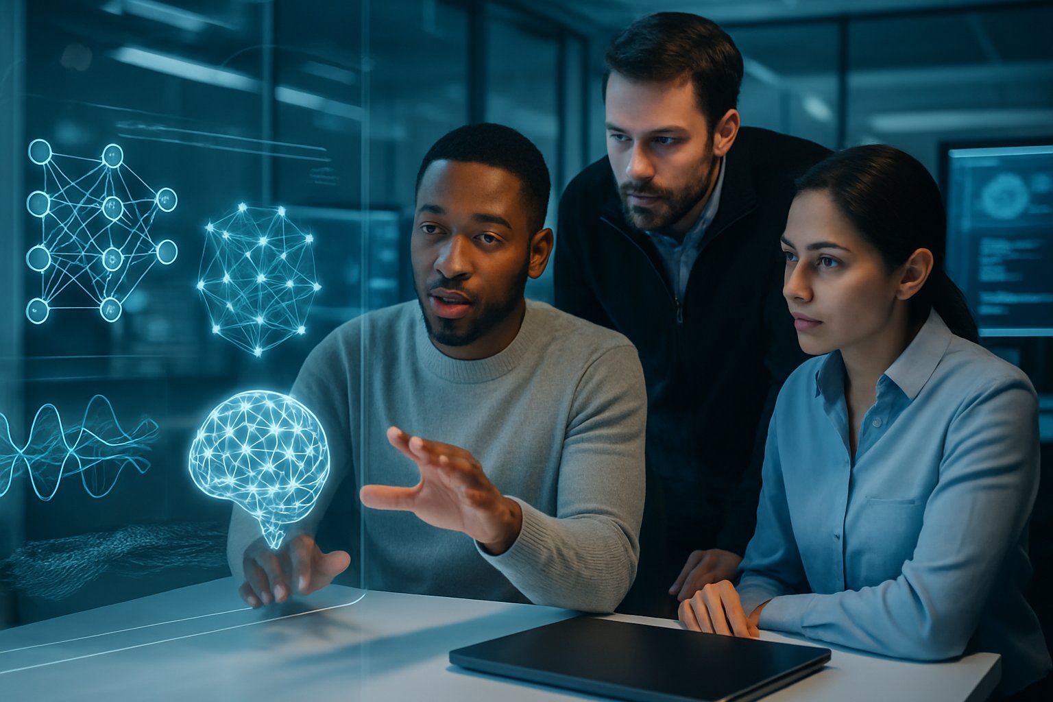 A group of professionals analyzing holographic AI models and neural network diagrams in a modern workspace with computer screens displaying data.