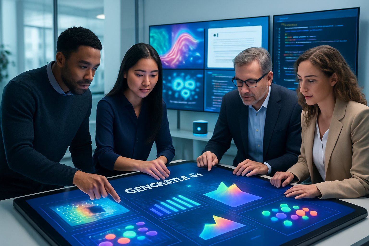 A group of professionals working together around a digital touchscreen table showing AI-generated data and visuals in a modern office.
