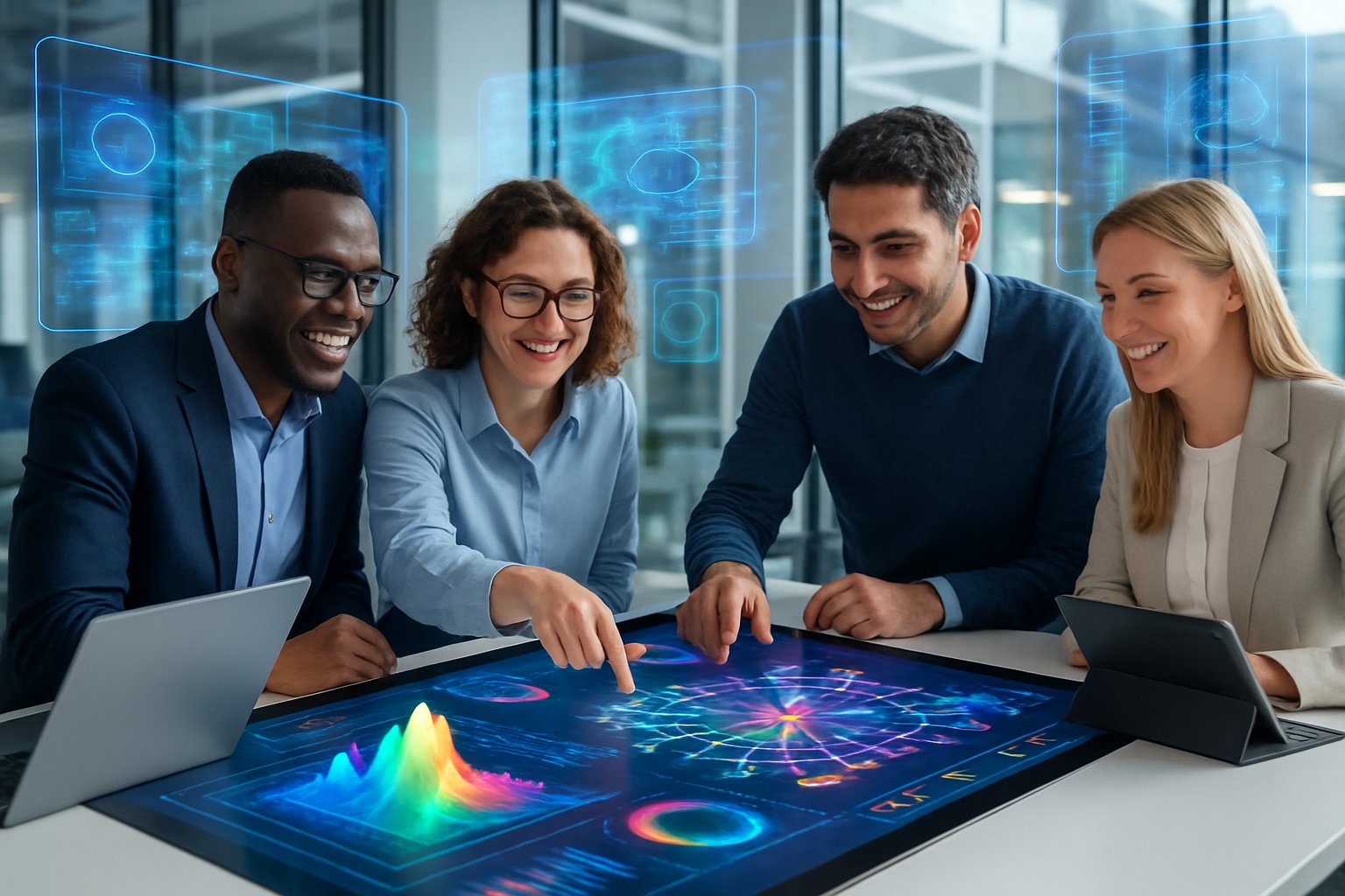 A group of professionals collaborating around a digital touchscreen table displaying AI-generated data visualizations in a modern office.
