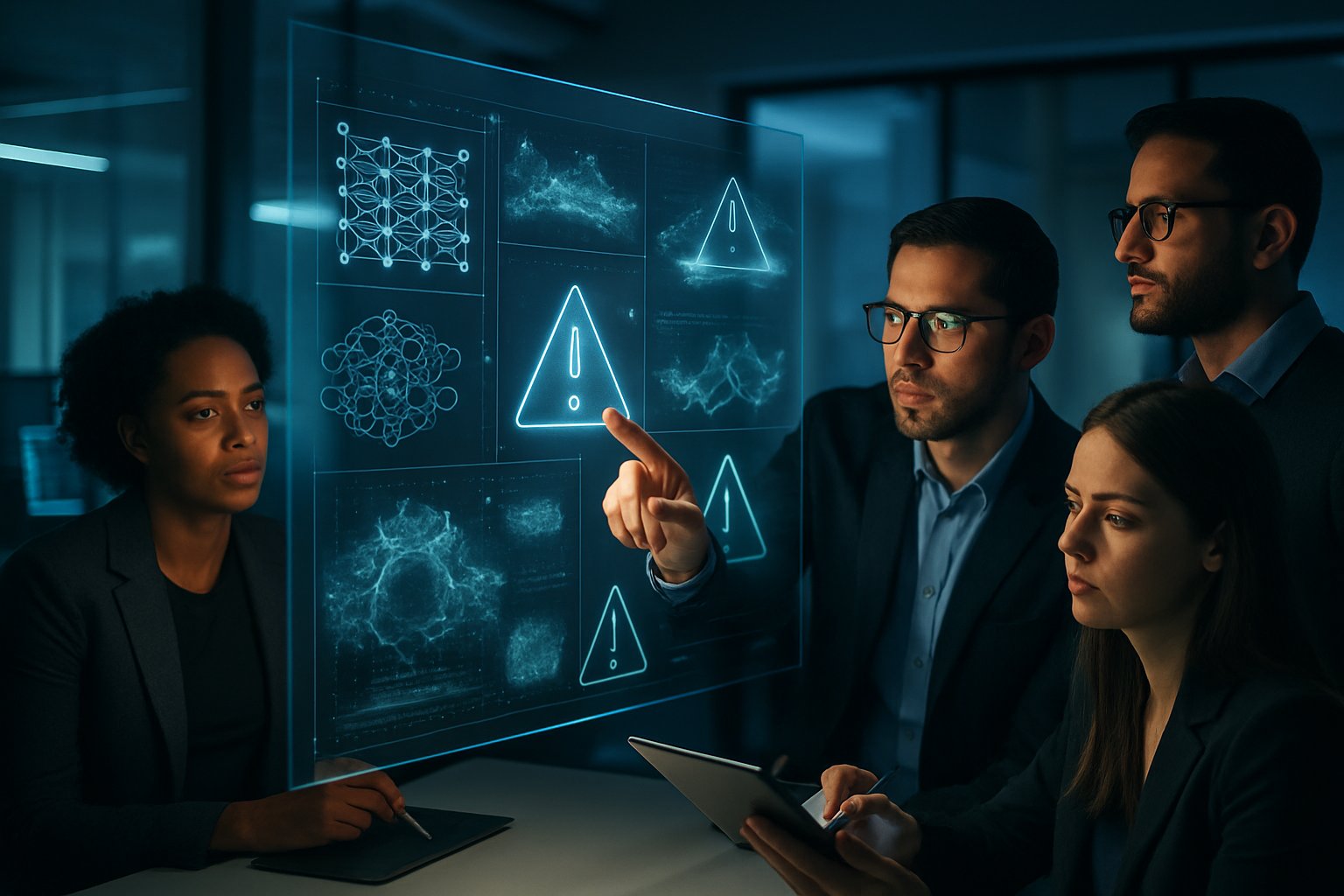 A group of professionals discussing AI data visualizations on a transparent digital screen in a modern office.
