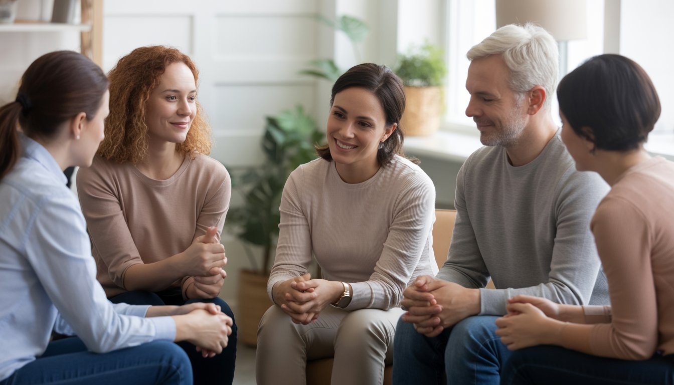 A diverse group of people sitting together in a bright room, engaged in a supportive and caring conversation.