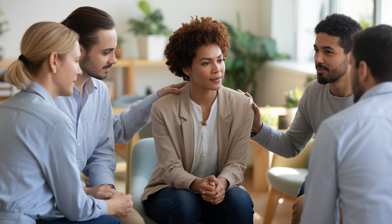 A diverse group of people having a supportive conversation in a bright, welcoming room.
