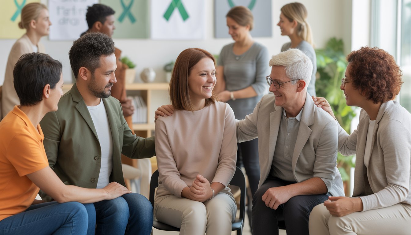 A diverse group of people in a bright room offering support and comfort to each other, showing care and empathy.