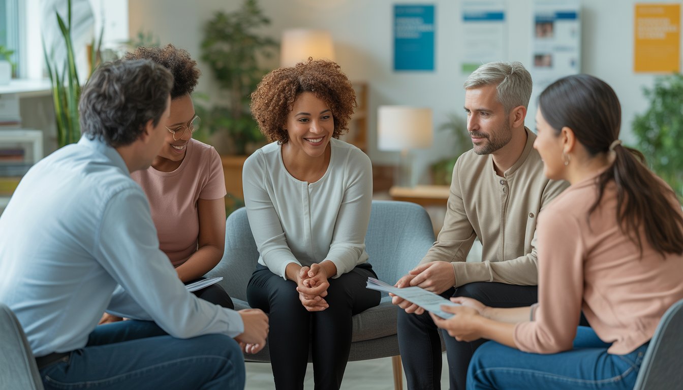 A diverse group of people receiving support and guidance from a mental health professional in a bright, welcoming community center.