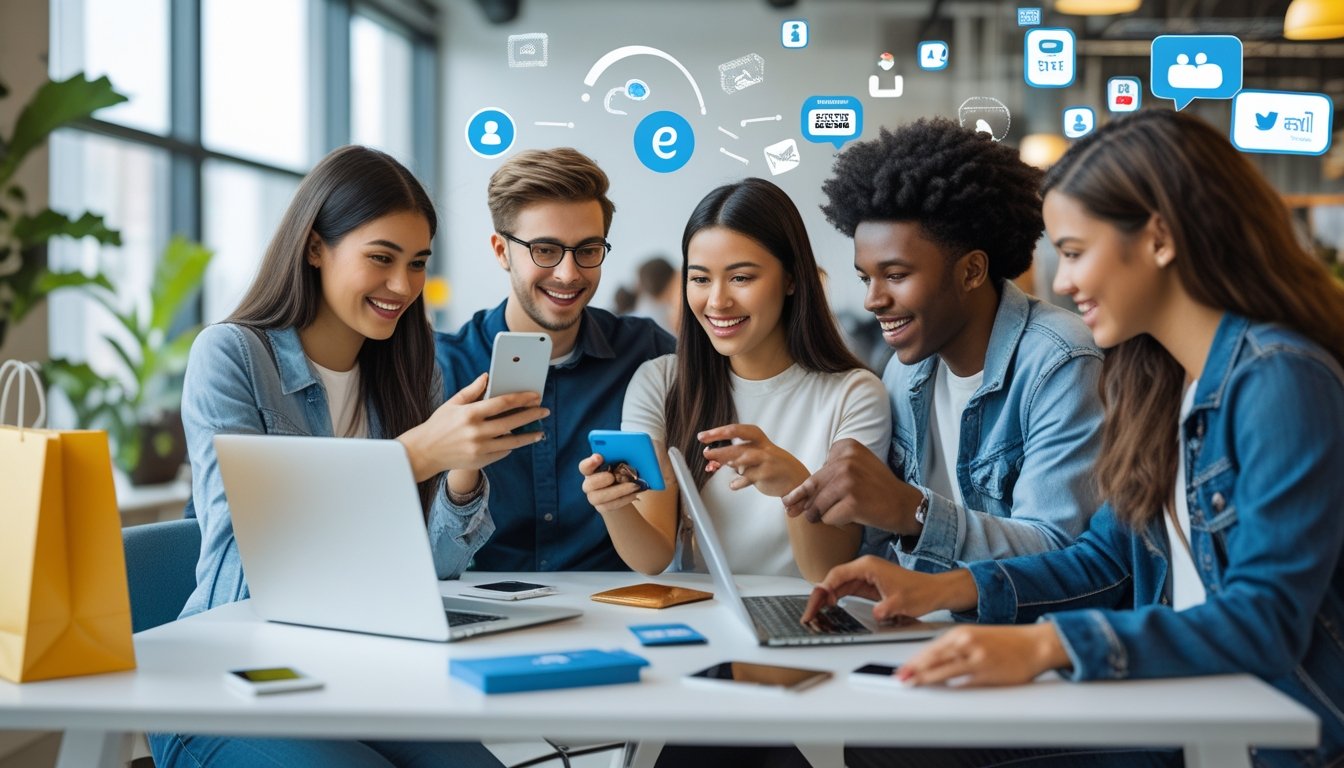 A group of young adults using smartphones and laptops to shop and share products in a modern co-working space.