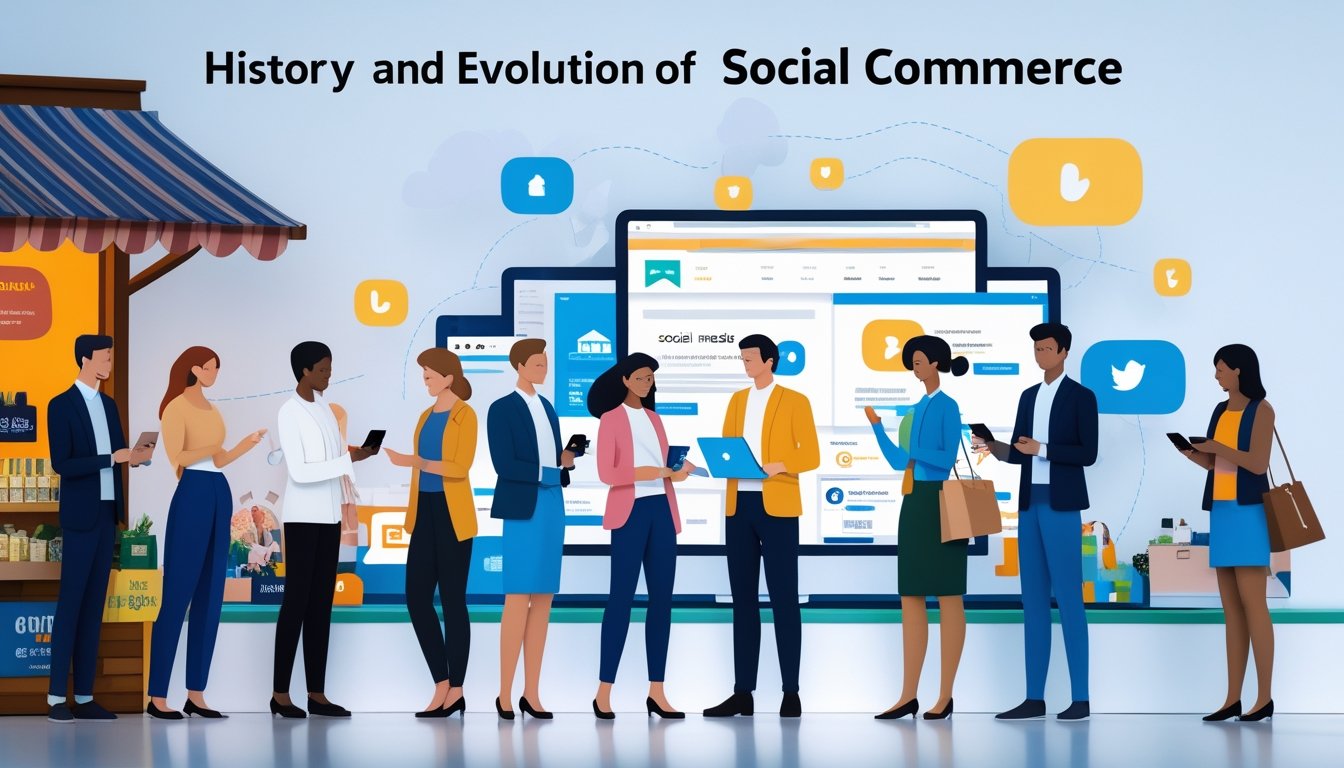 A diverse group of people using digital devices to shop online, surrounded by visuals representing the evolution of social commerce.