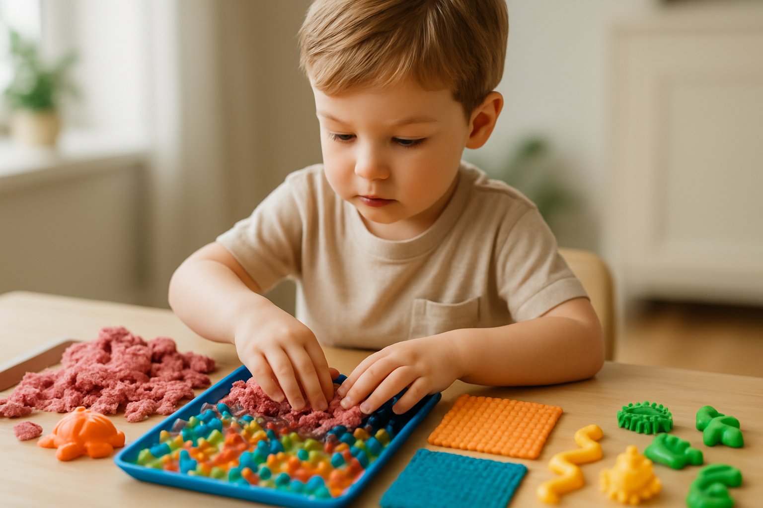 A child sitting at a table playing with colorful sensory materials like sand, water beads, and textured fabrics.