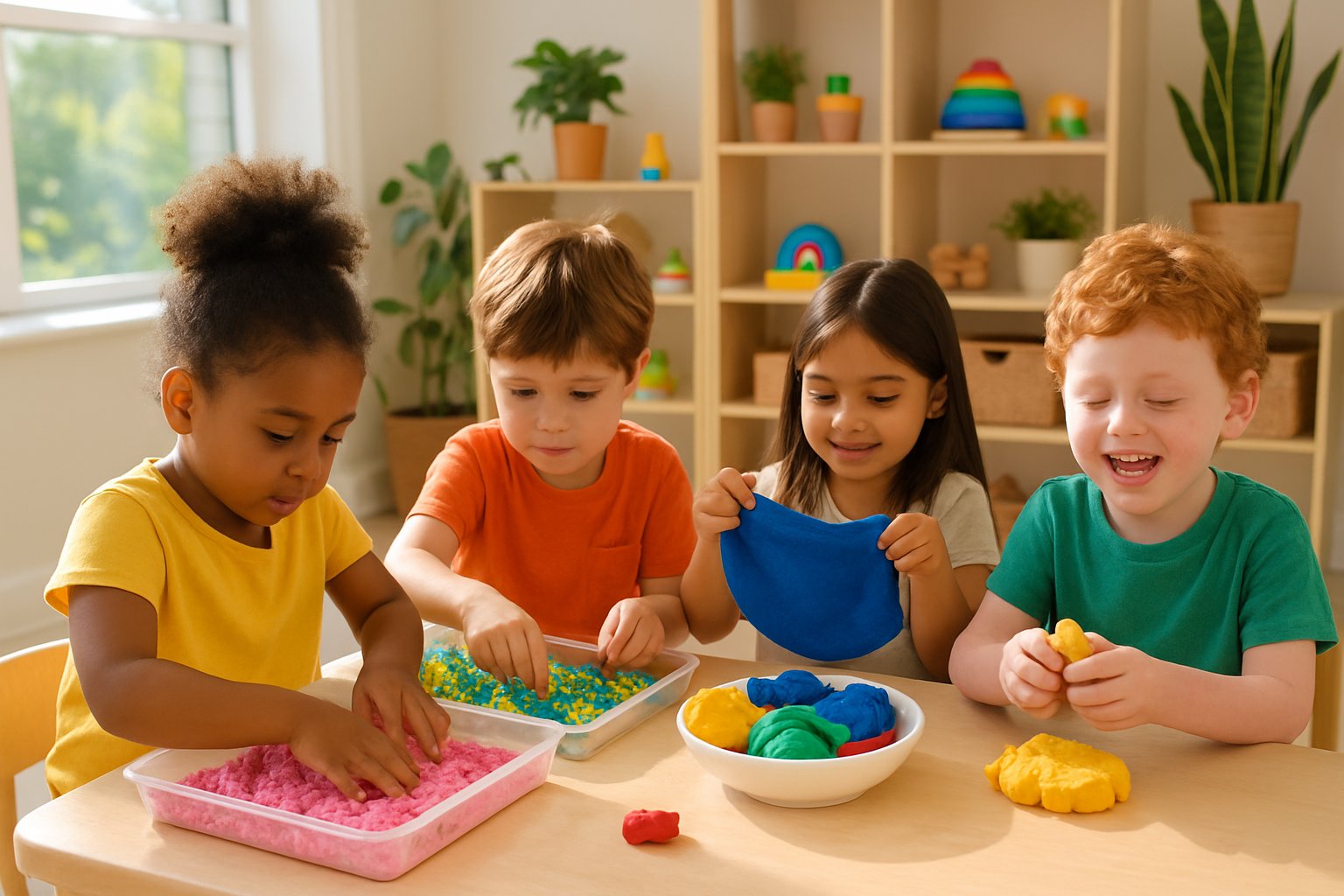 Young children playing with colorful sensory materials like sand, beads, and fabric at a table in a bright room.
