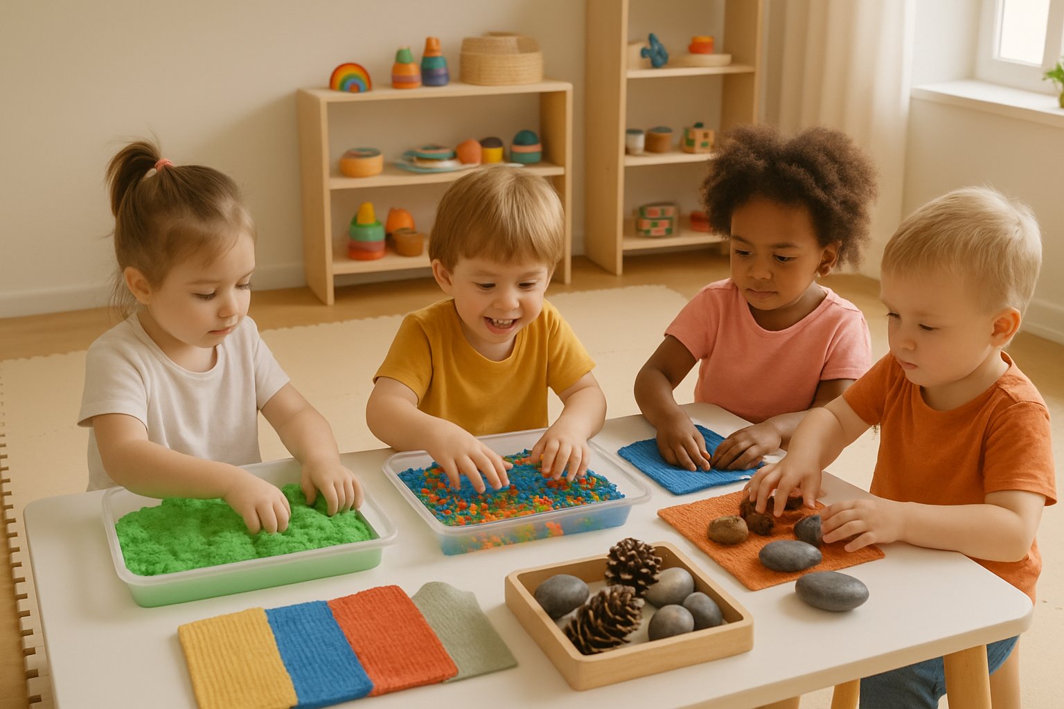 Young children playing with colorful sensory materials like kinetic sand, water beads, and textured fabrics at a low table in a bright playroom.