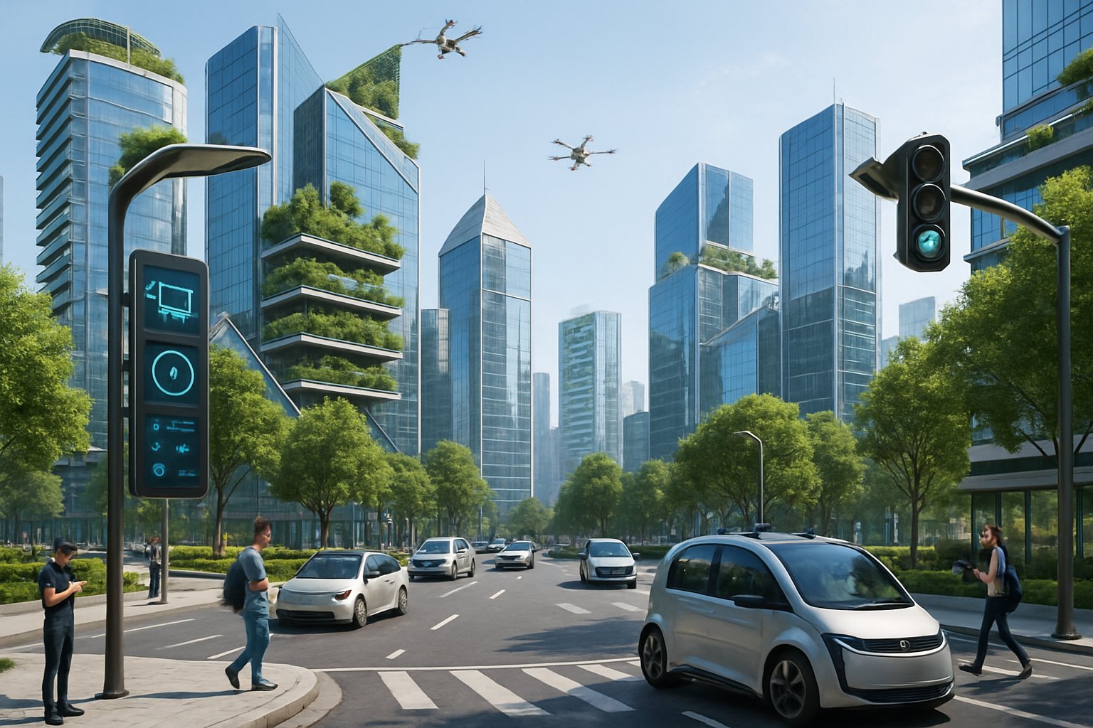 A modern city skyline with tall buildings, green rooftops, electric vehicles on the streets, and drones flying overhead.