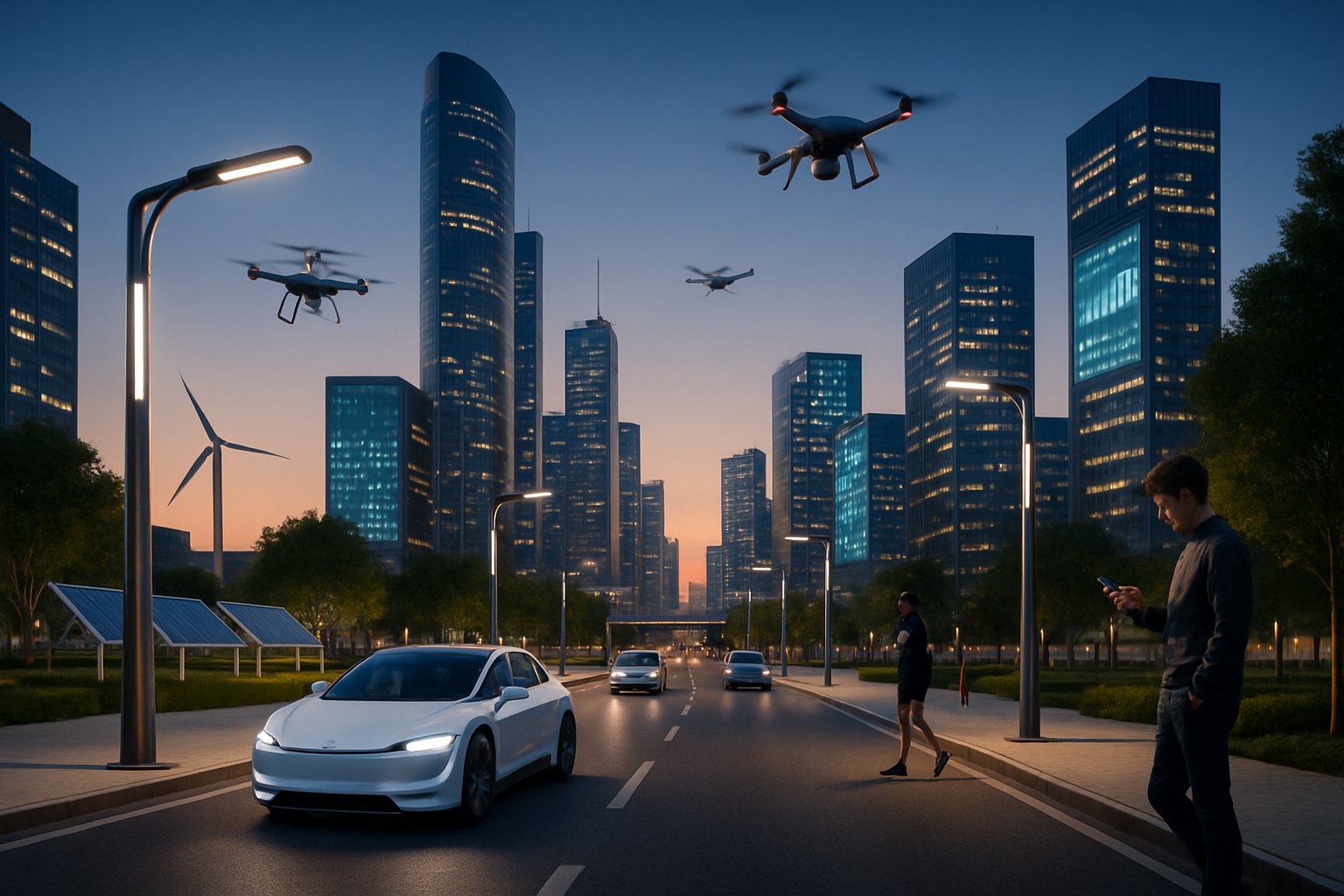 A modern city at dusk with tall buildings, autonomous vehicles, drones, smart streetlights, and green spaces with solar panels.