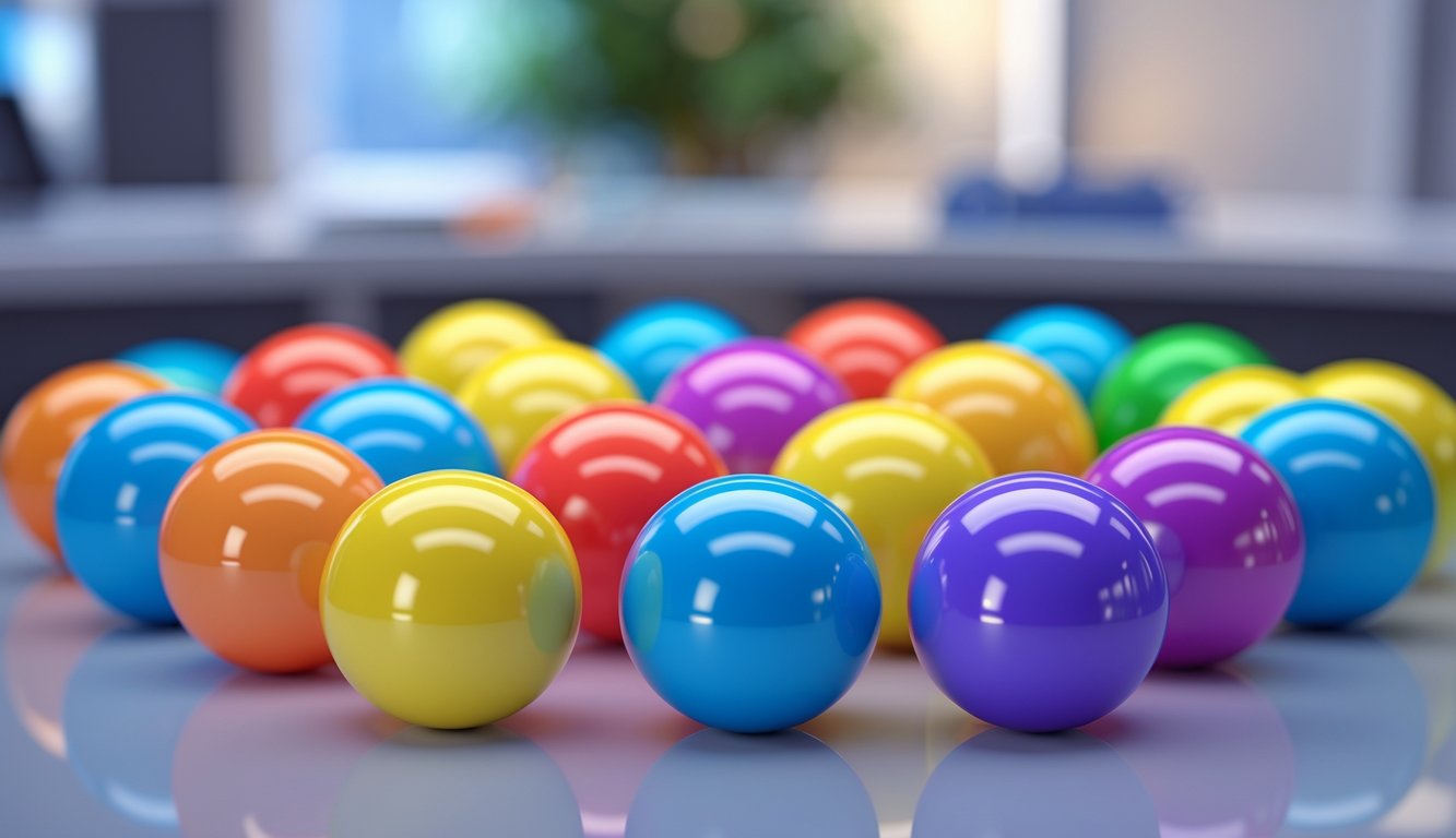 Beberapa bola lotre berwarna-warni tertata rapi di atas permukaan mengkilap dengan latar belakang kabur.