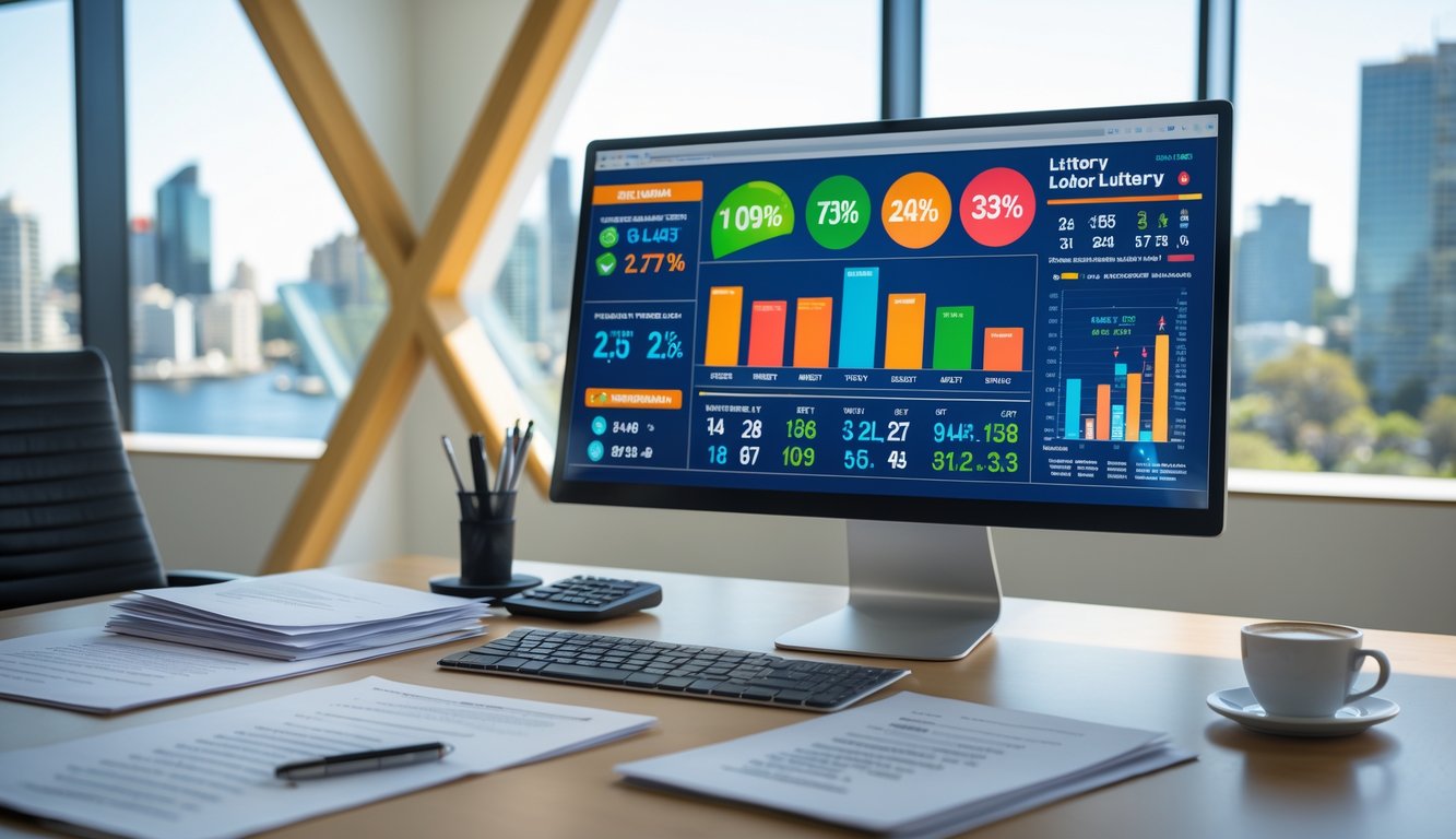 Suasana kantor modern dengan komputer yang menampilkan grafik dan data lotere, meja dengan dokumen dan kalkulator, latar belakang jendela besar menunjukkan pemandangan kota Sydney.