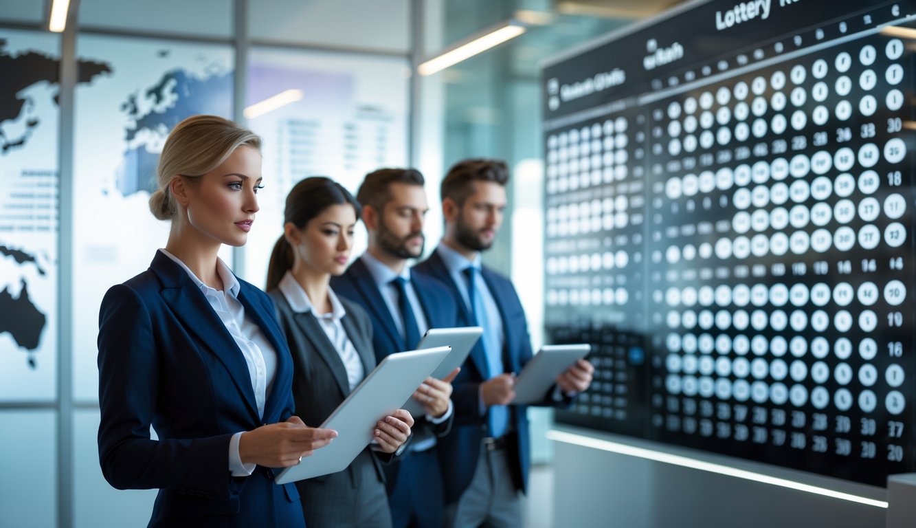 Orang-orang sedang melihat papan hasil undian lotere di kantor yang terang dan modern.