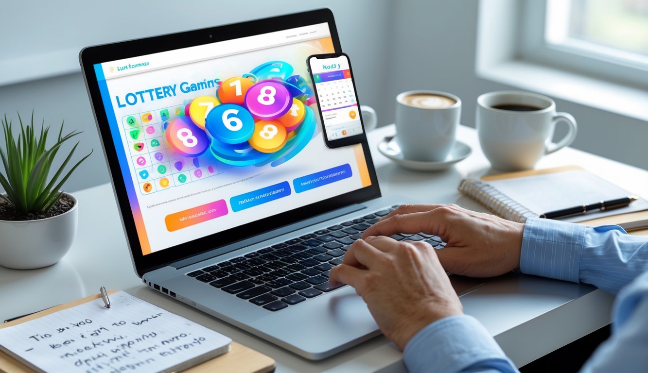 Sebuah meja kerja dengan laptop yang menampilkan antarmuka permainan togel online, tangan seseorang sedang menggunakan laptop, di sekitar terdapat smartphone, buku catatan, dan secangkir kopi.