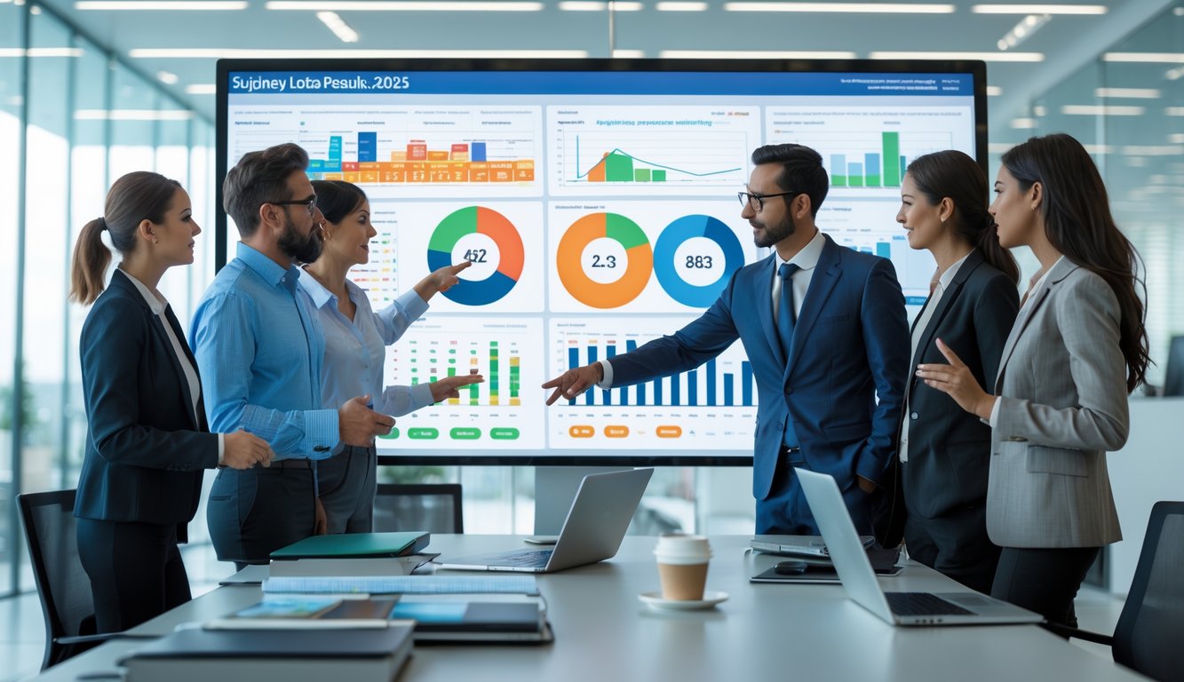 Sekelompok profesional sedang menganalisis data hasil lotre Sydney tahun 2025 di kantor modern.