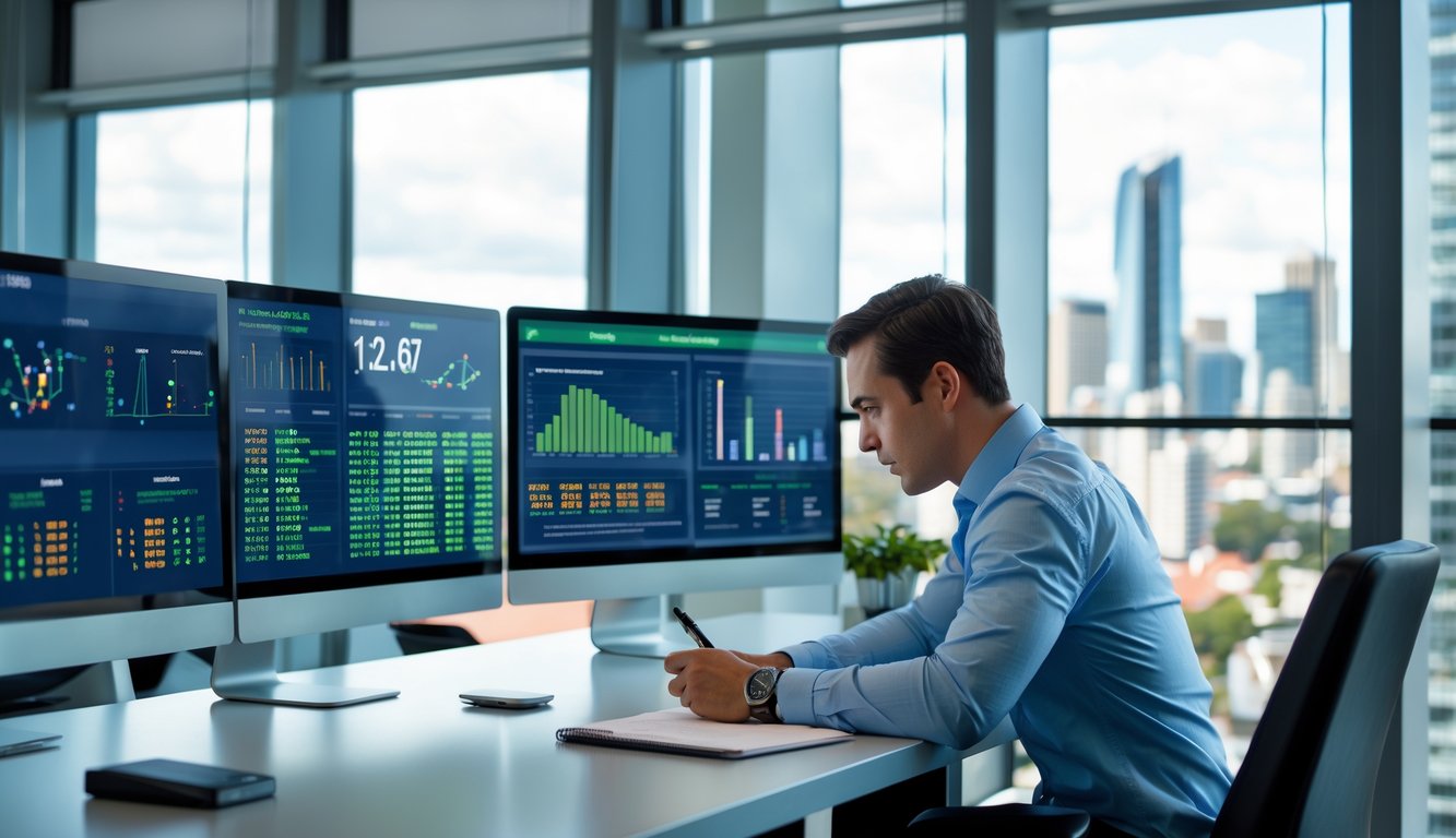 Seorang pria di kantor modern sedang menganalisis data angka lotre dengan beberapa monitor dan pemandangan kota Sydney di latar belakang.