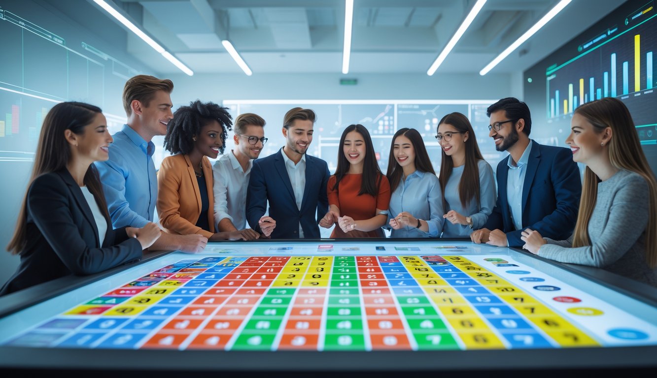 Sekelompok orang muda berkumpul di sekitar meja sentuh besar dengan tampilan angka togel berwarna-warni di ruangan kantor modern.