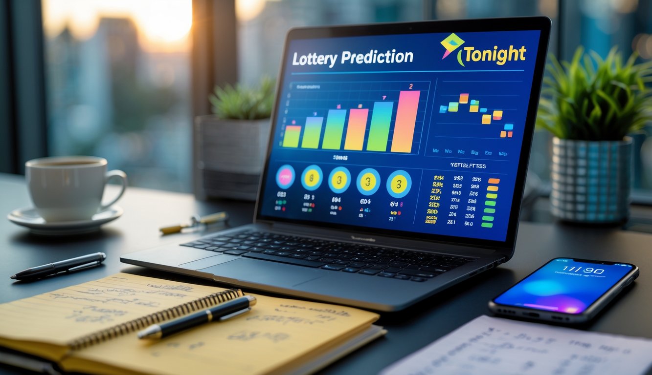 Suasana kantor modern dengan laptop yang menampilkan grafik statistik lotre dan buku catatan di atas meja.