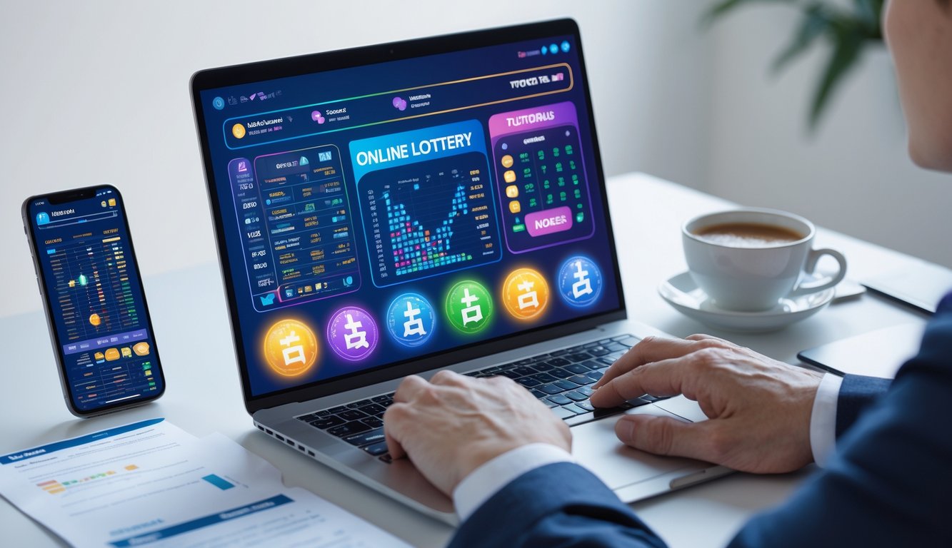 Seorang pria duduk di depan laptop dengan tampilan antarmuka permainan togel online, dikelilingi oleh catatan dan ponsel di meja kerja yang rapi.