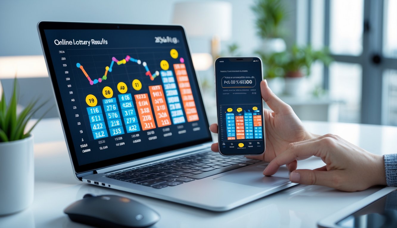 Seorang pria menggunakan laptop dan ponsel di meja kerja modern dengan cahaya alami.