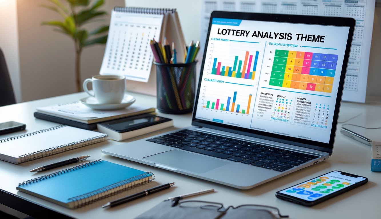 Meja kerja modern dengan laptop yang menampilkan grafik pola angka lotere, buku catatan, dan ponsel di atas meja yang rapi.