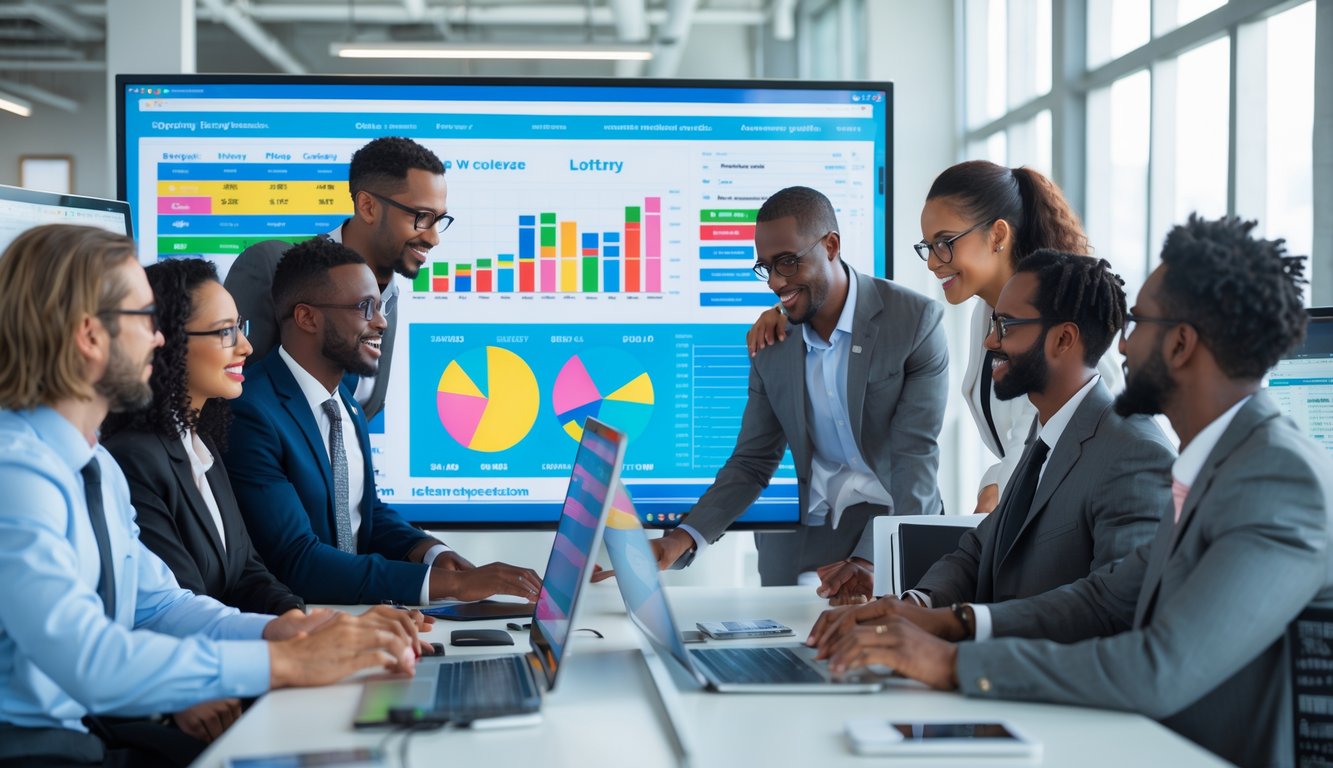 Sekelompok profesional sedang menganalisis data lotere di ruang kantor dengan layar digital yang menampilkan grafik dan angka.