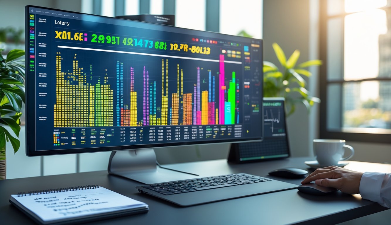 Meja kantor dengan monitor menampilkan grafik angka lotre yang kompleks dan peralatan kerja seperti keyboard, mouse, dan secangkir kopi.