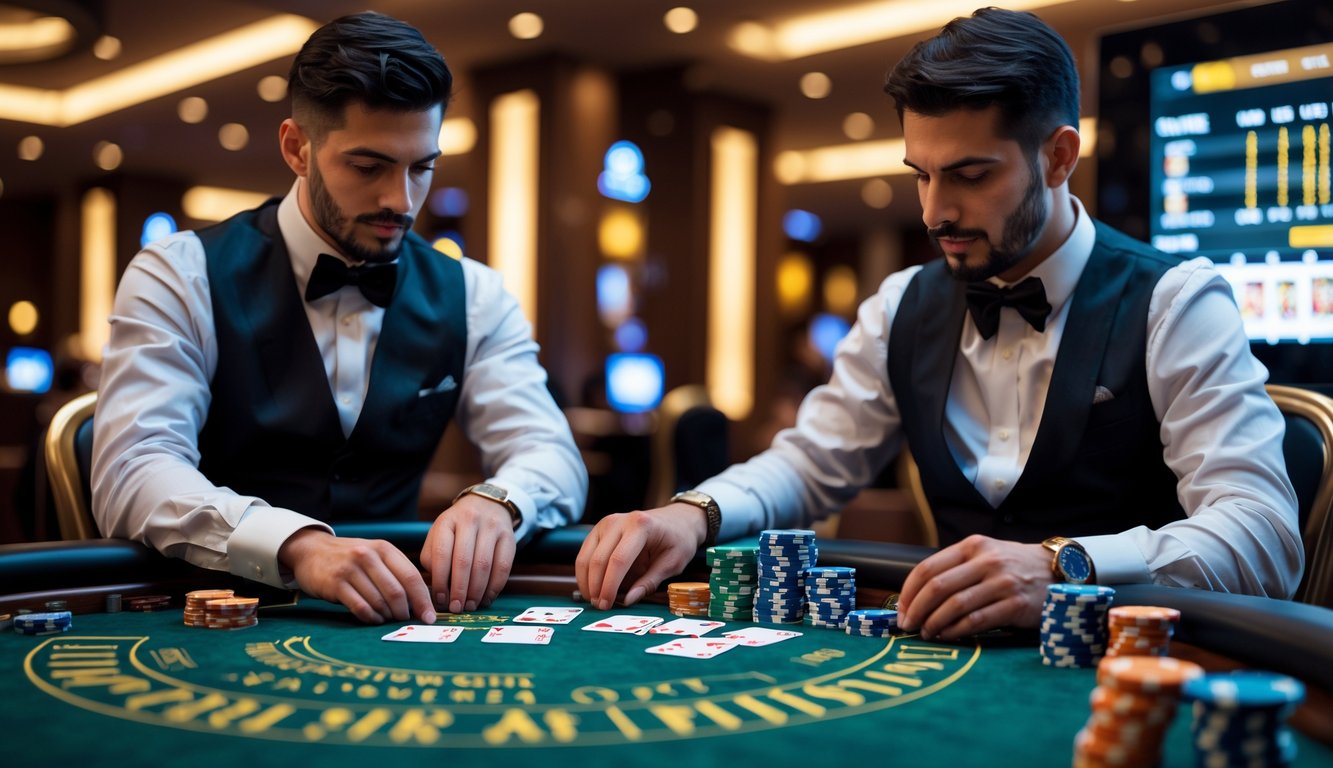 Seorang pemain berpakaian rapi sedang fokus bermain di meja kasino langsung dengan dealer dan chip poker di atas meja.