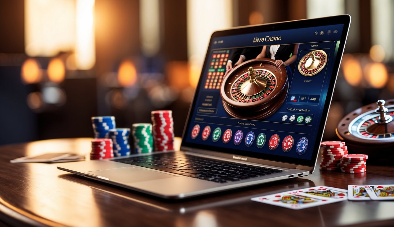 Seorang dealer kasino profesional duduk di depan komputer dengan chip poker dan kartu remi di meja, menampilkan permainan kasino langsung secara online.