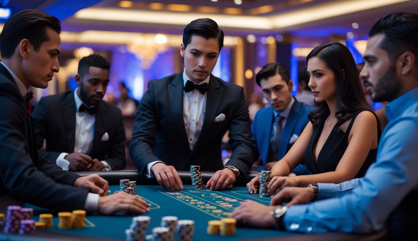 Seorang dealer dan pemain yang serius sedang bermain di meja kasino langsung dengan kartu dan chip.